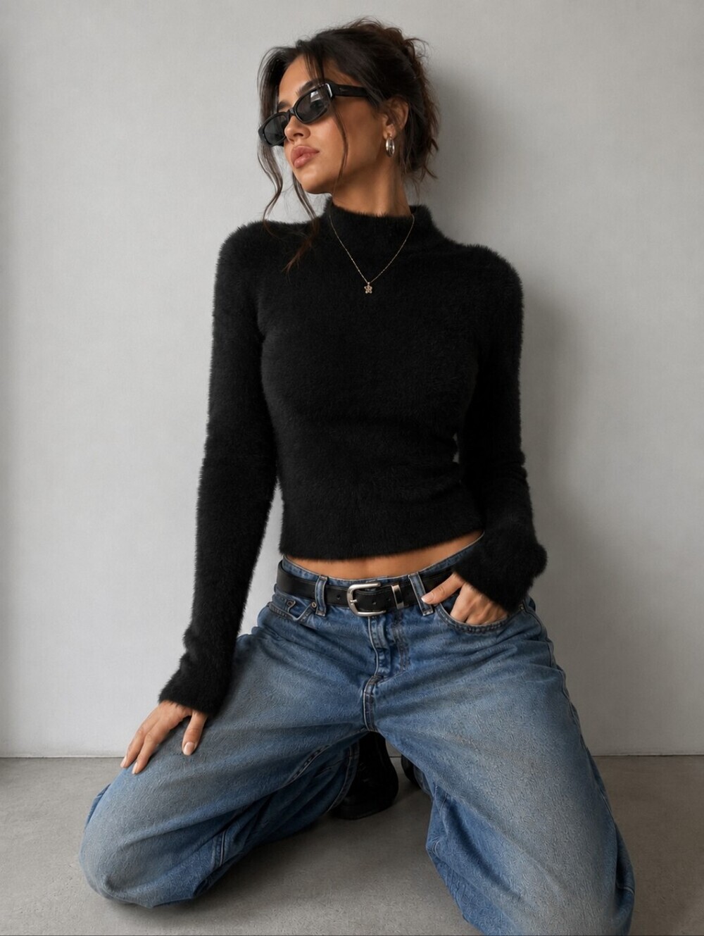 Babaton | Fuzzy Black Long-Sleeve Mock Neck Sweater, Size M